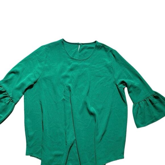 Green 2XL Classic Three Quarter Ruffle Cuff Sleeve Keyhole Pleated Back Blouse - Picture 1 of 6